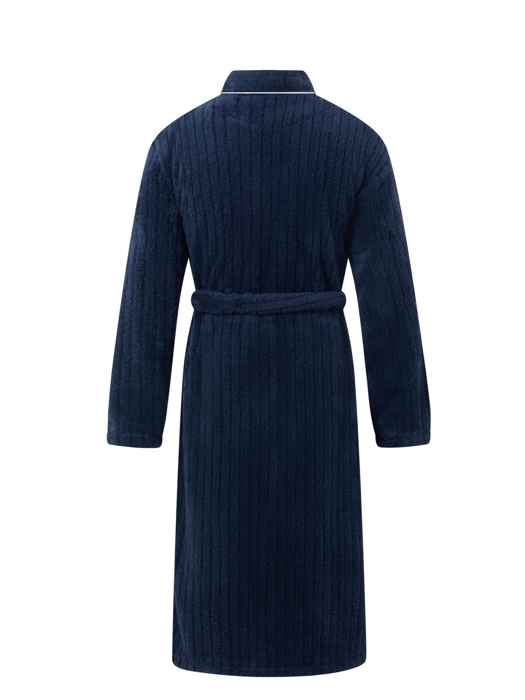 Navy blue full-length fleece dressing gown with shawl collar and tie belt