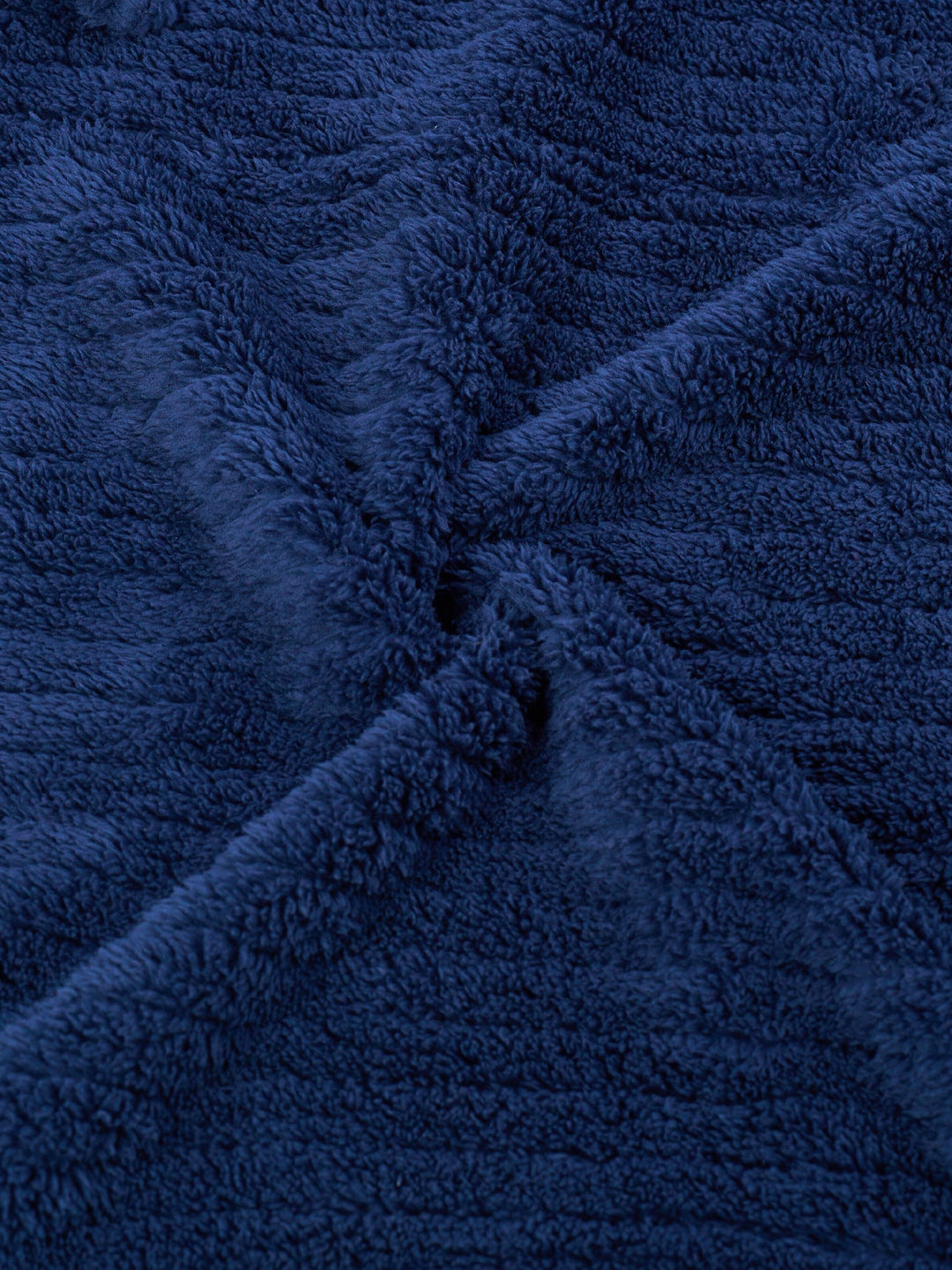 Navy blue full-length fleece dressing gown with shawl collar and tie belt