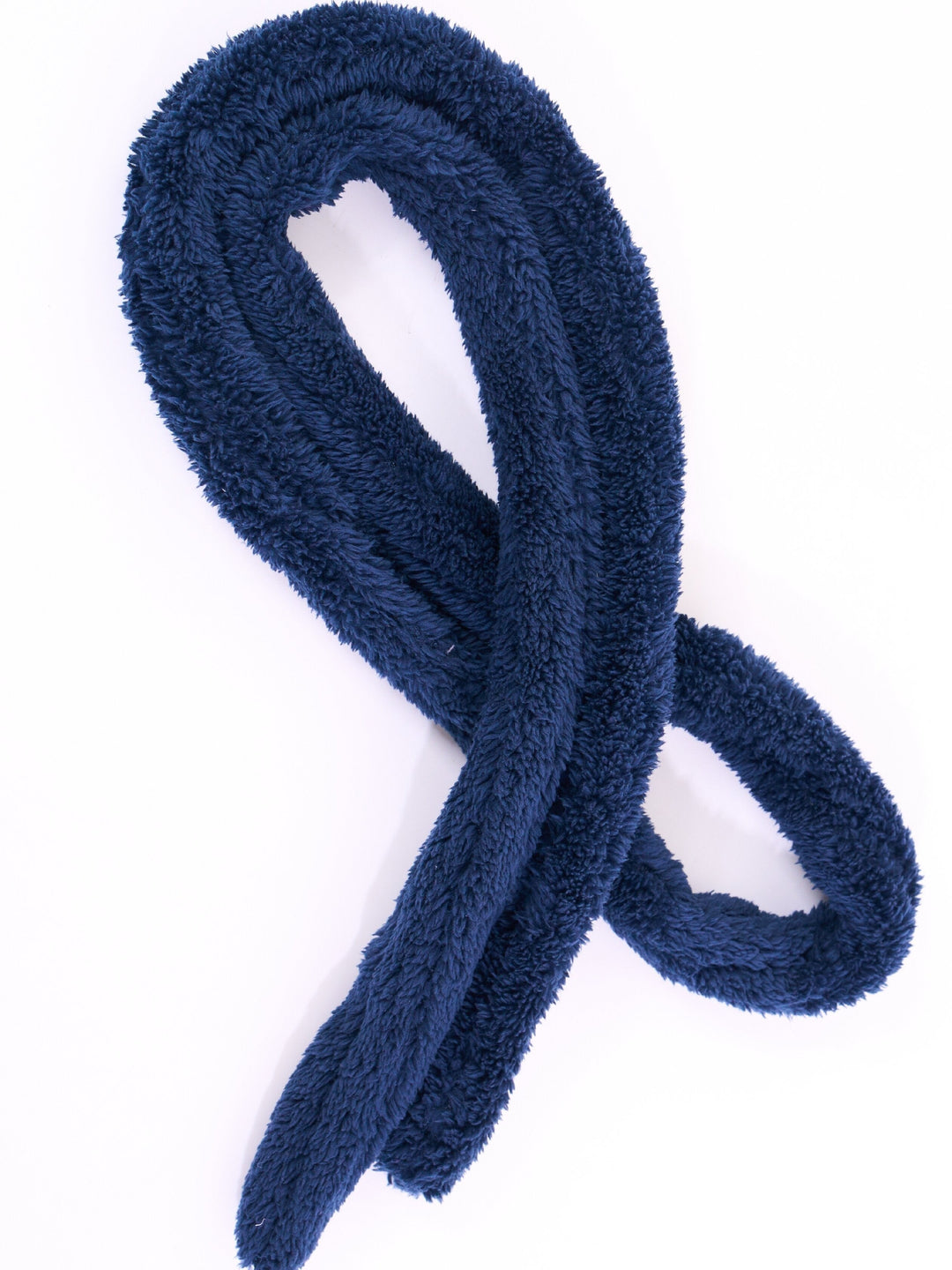 Navy blue full-length fleece dressing gown with shawl collar and tie belt