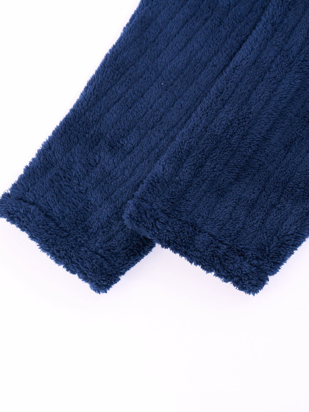 Navy blue full-length fleece dressing gown with shawl collar and tie belt
