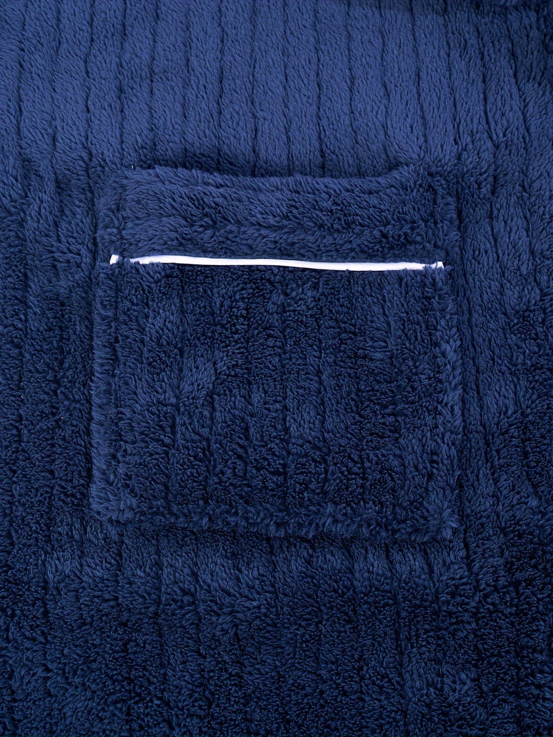 Navy blue full-length fleece dressing gown with shawl collar and tie belt