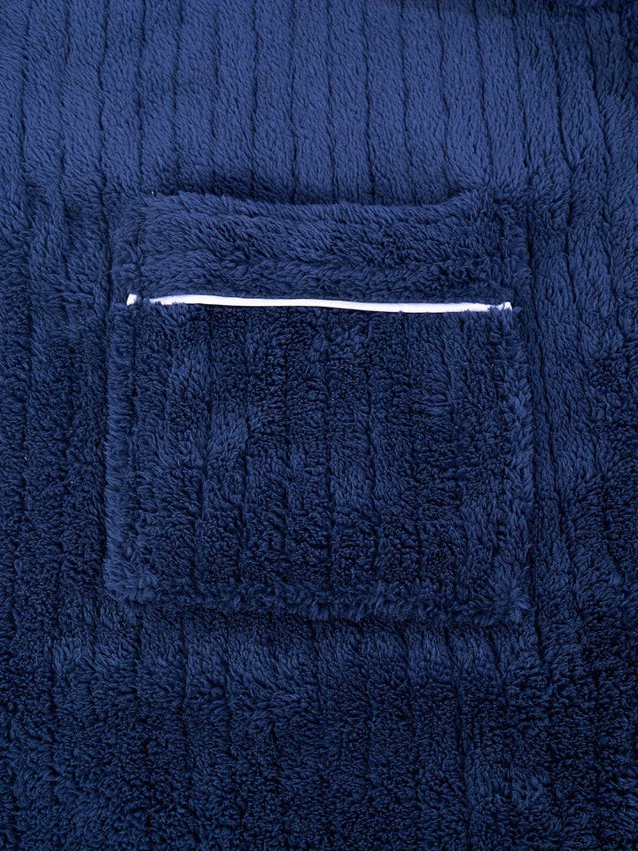 Navy blue full-length fleece dressing gown with shawl collar and tie belt