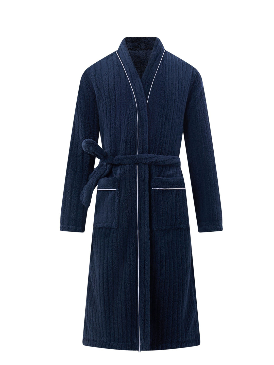 Navy blue full-length fleece dressing gown with shawl collar and tie belt