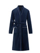 Navy blue full-length fleece dressing gown with shawl collar and tie belt