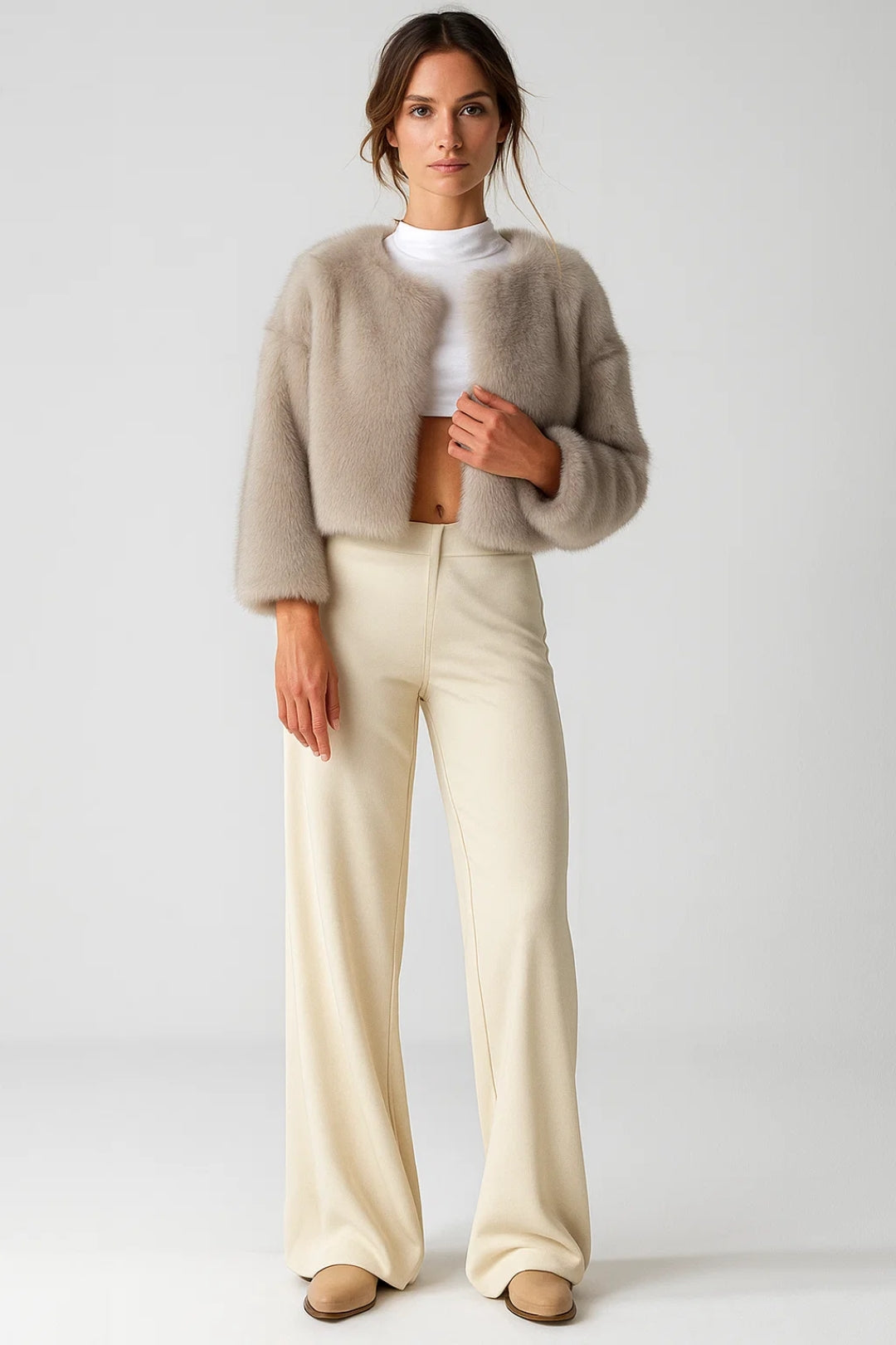 Women's short plush-textured jacket with long sleeves and open front