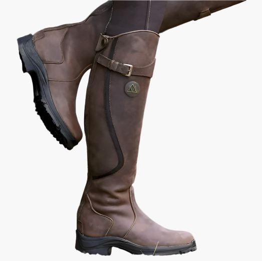 Women's tall riding boots with buckle strap and lugged sole
