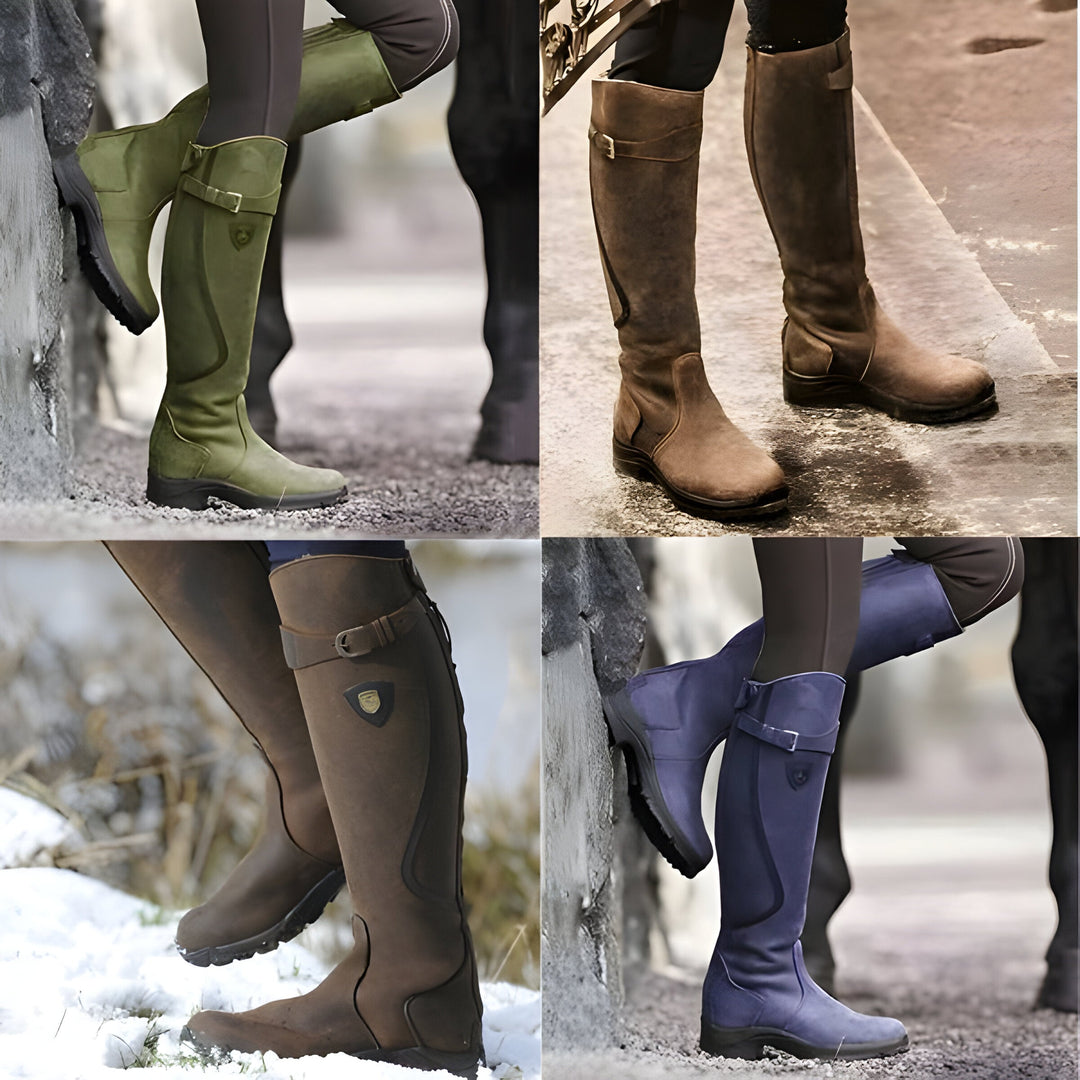 Women's tall riding boots with buckle strap and lugged sole