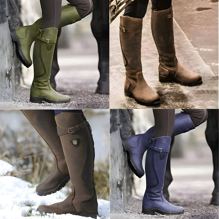 Women's tall riding boots with buckle strap and lugged sole