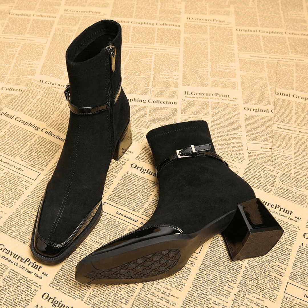 Square toe heeled ankle boots with buckle straps and side zippers