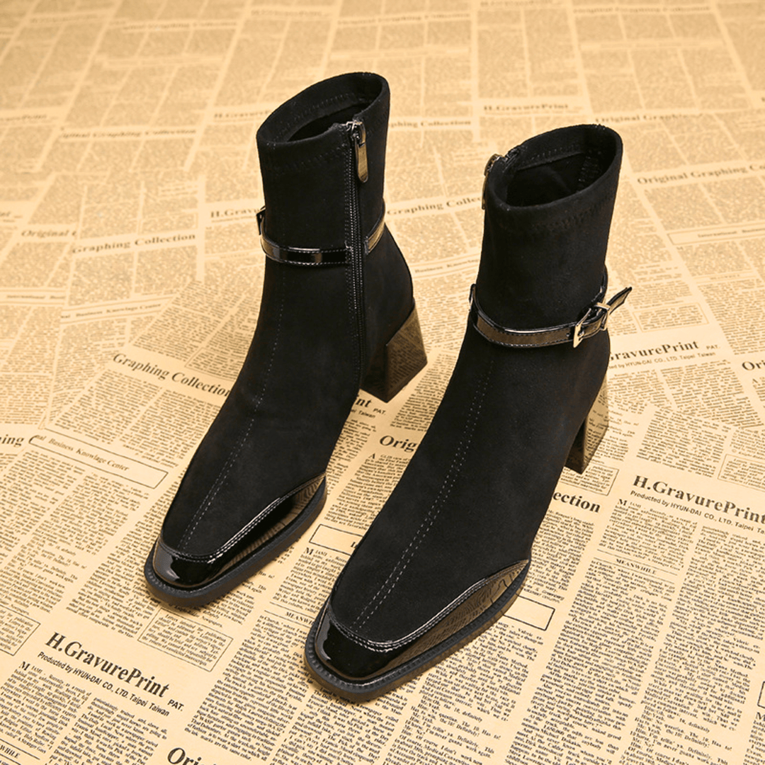 Square toe heeled ankle boots with buckle straps and side zippers