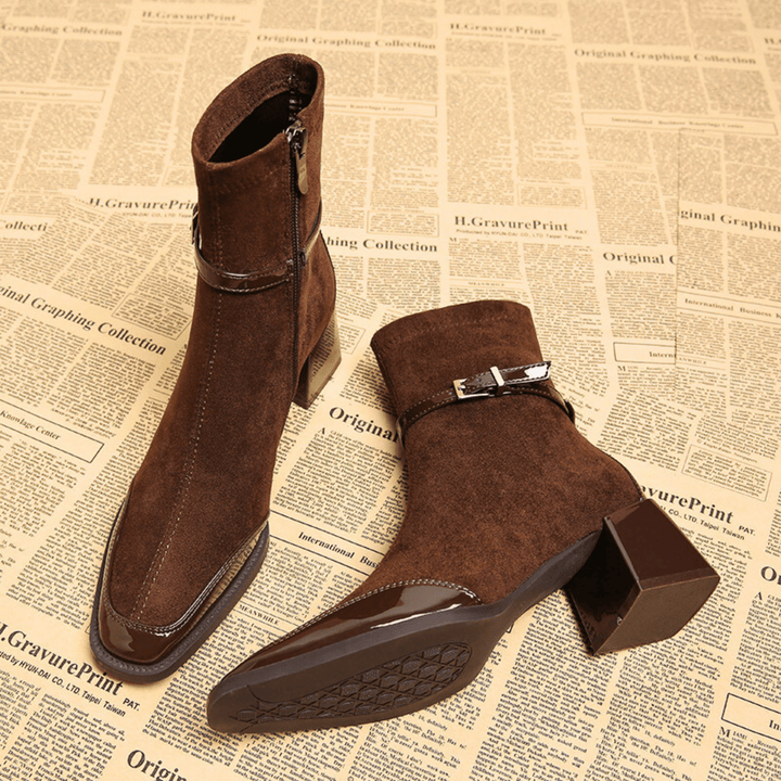 Square toe heeled ankle boots with buckle straps and side zippers