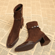 Square toe heeled ankle boots with buckle straps and side zippers