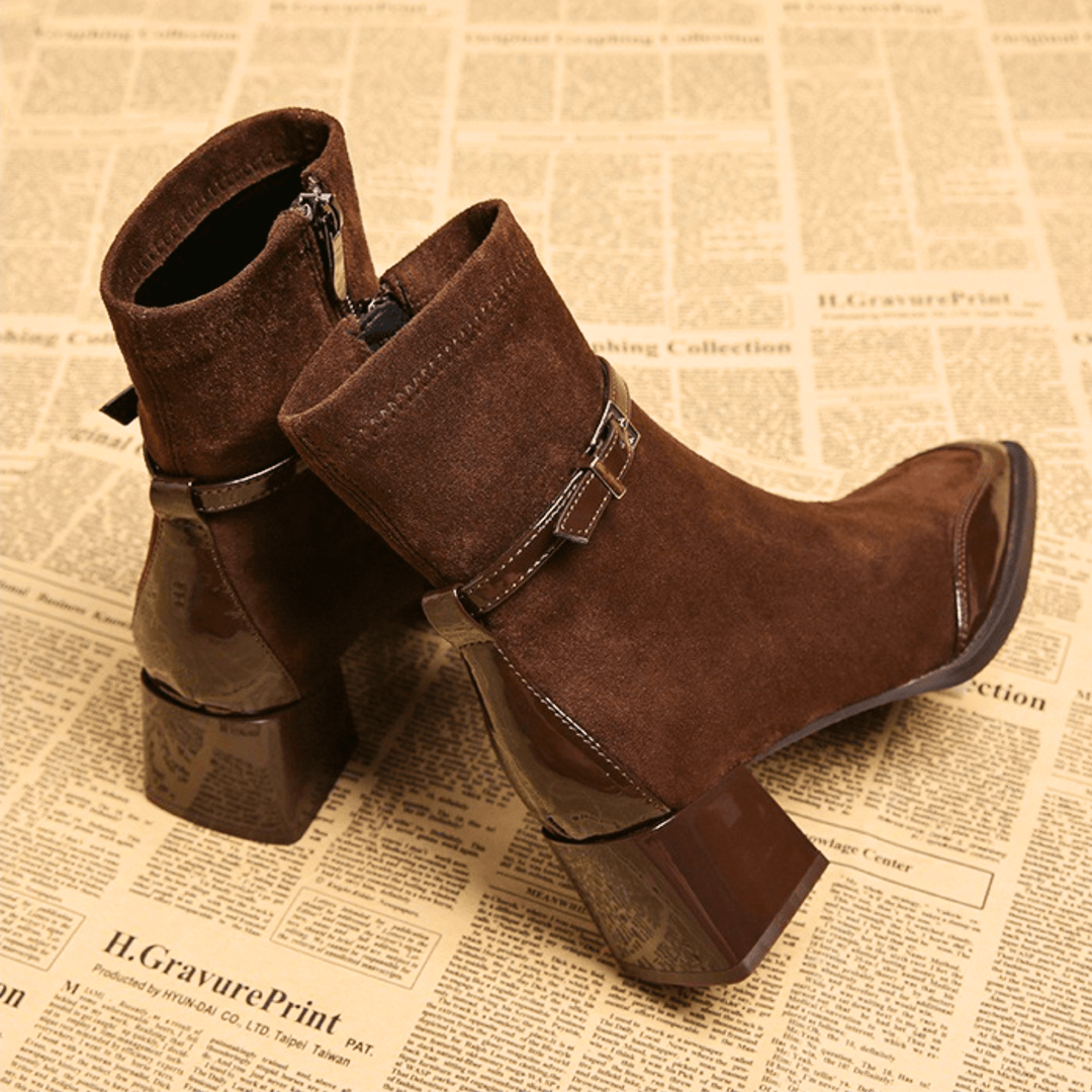 Square toe heeled ankle boots with buckle straps and side zippers