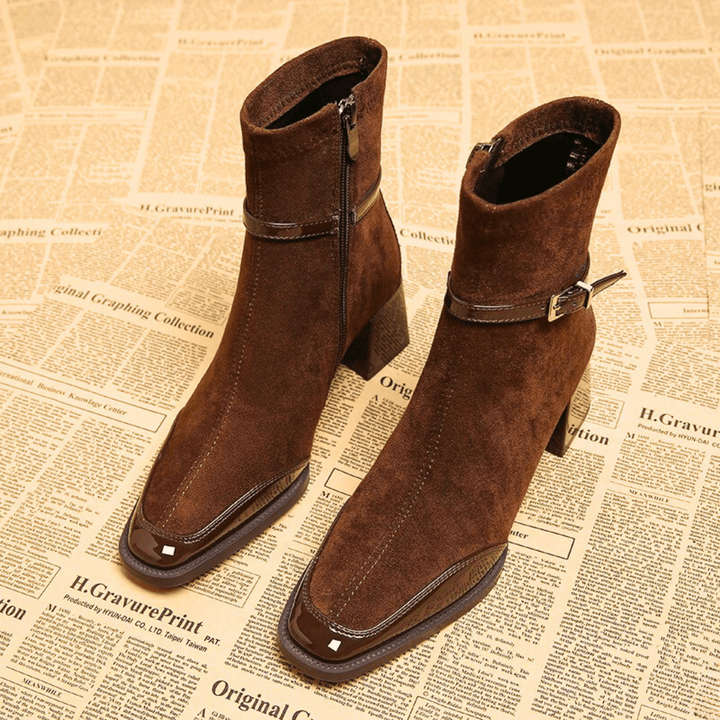Square toe heeled ankle boots with buckle straps and side zippers