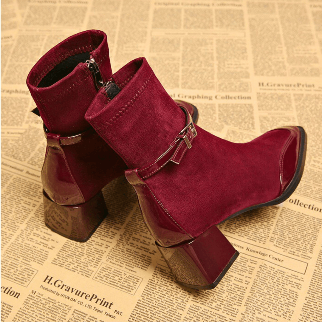 Square toe heeled ankle boots with buckle straps and side zippers