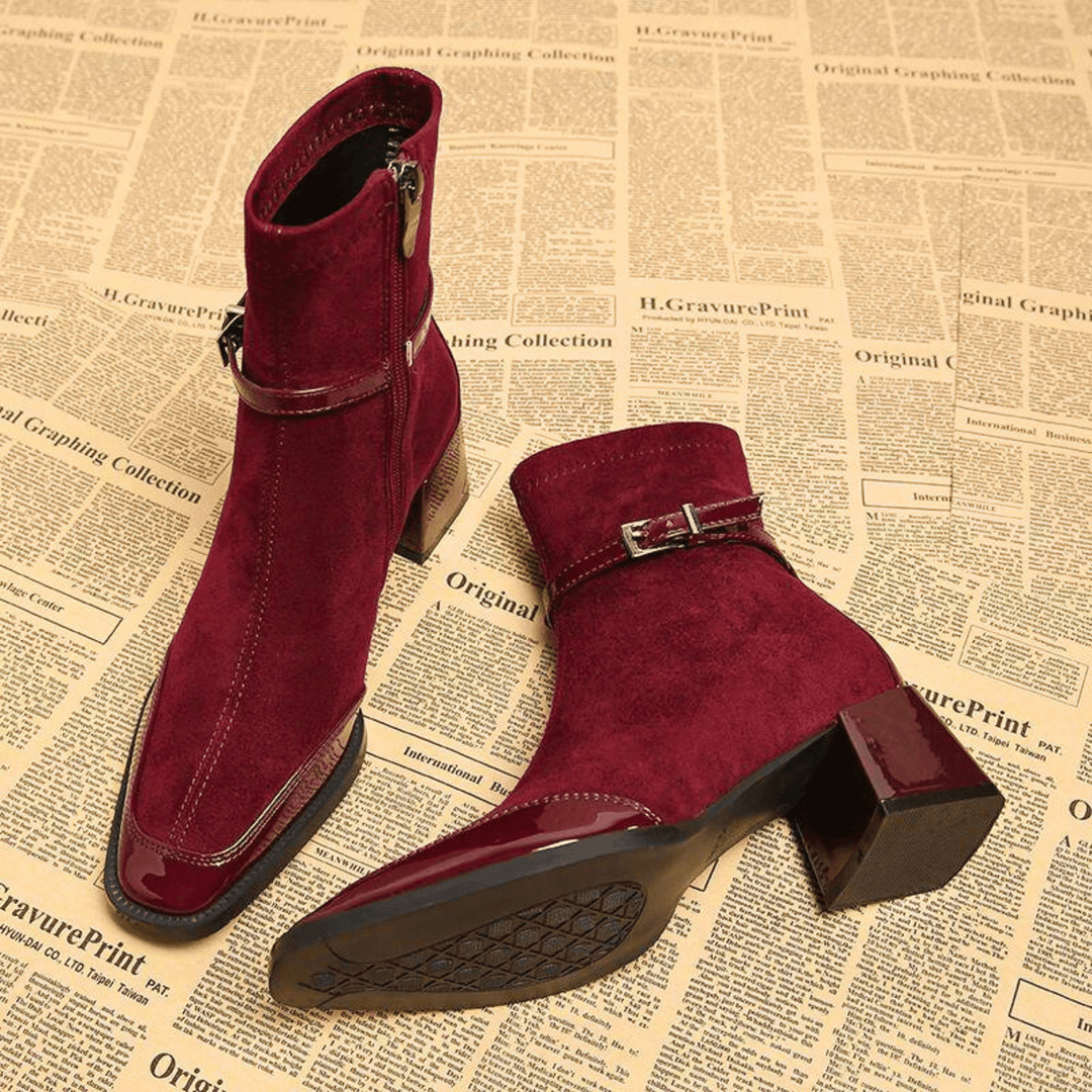 Square toe heeled ankle boots with buckle straps and side zippers