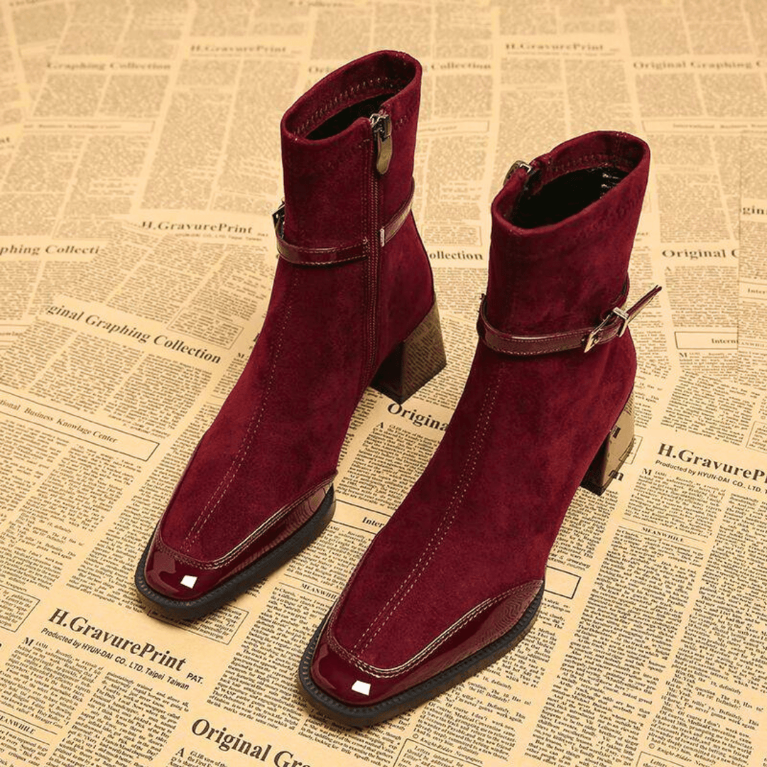 Square toe heeled ankle boots with buckle straps and side zippers