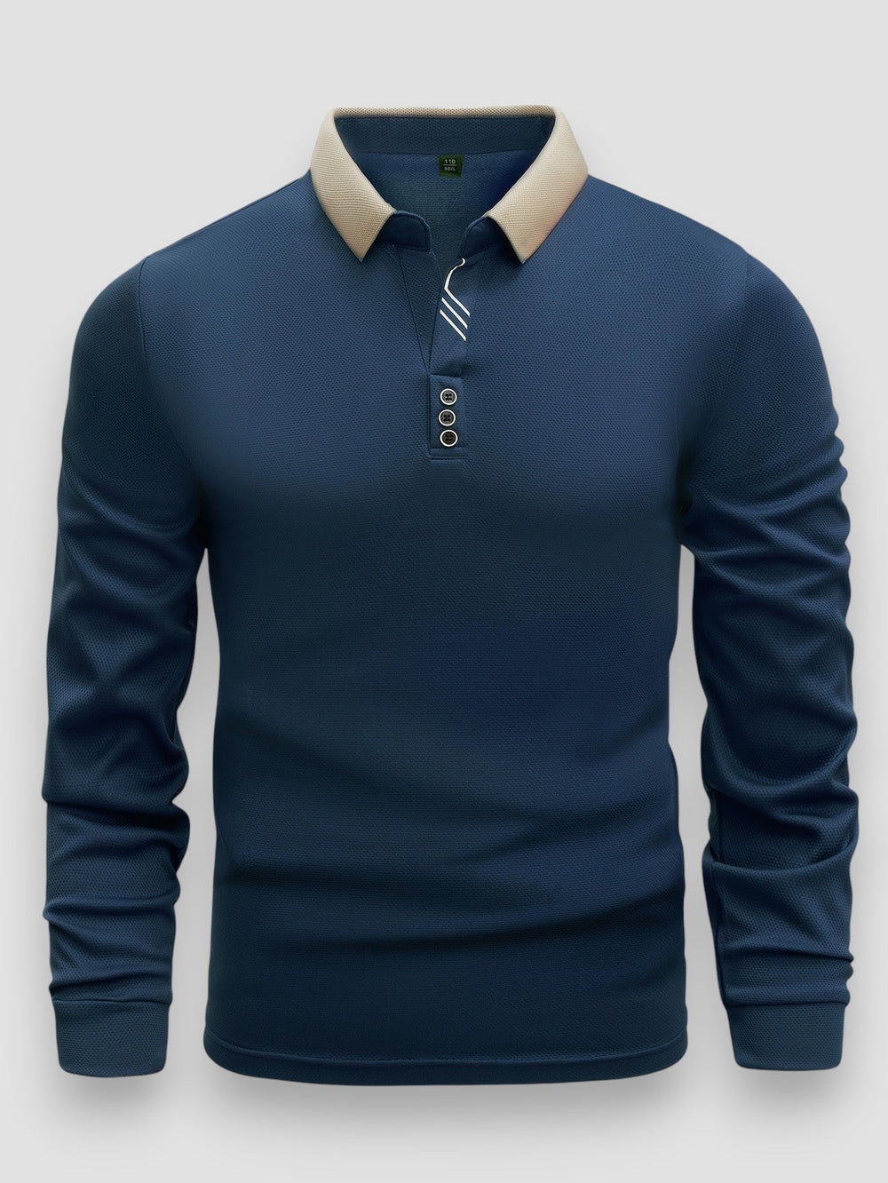 Men's long sleeve polo shirt with contrast collar and button placket