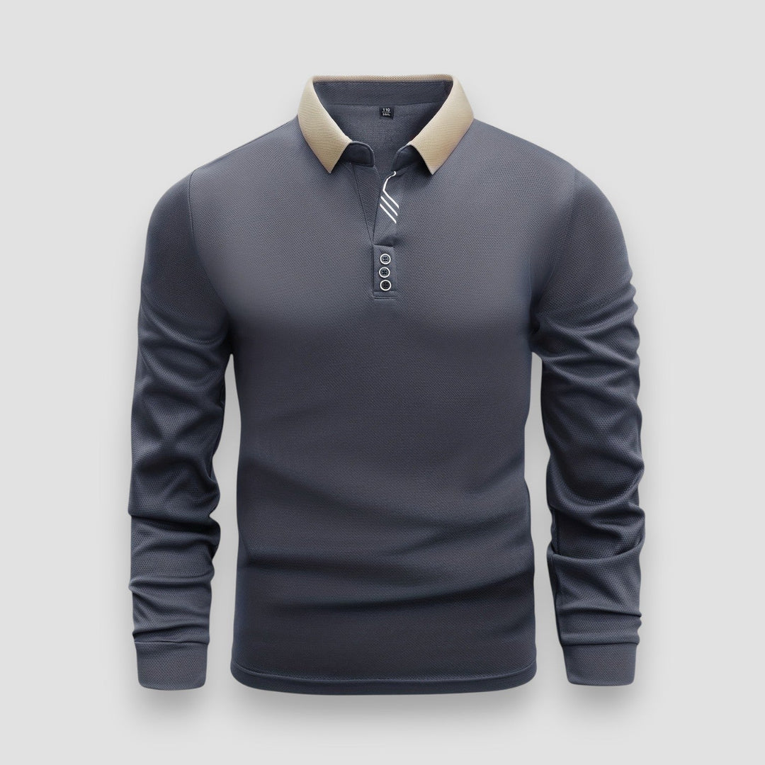 Men's long sleeve polo shirt with contrast collar and button placket