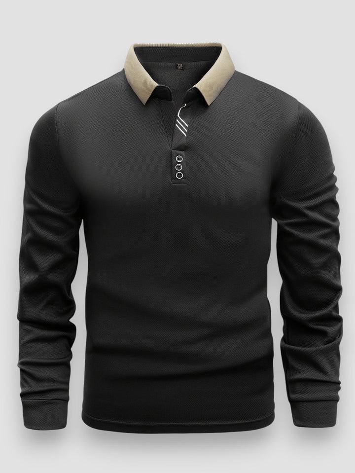 Men's long sleeve polo shirt with contrast collar and button placket