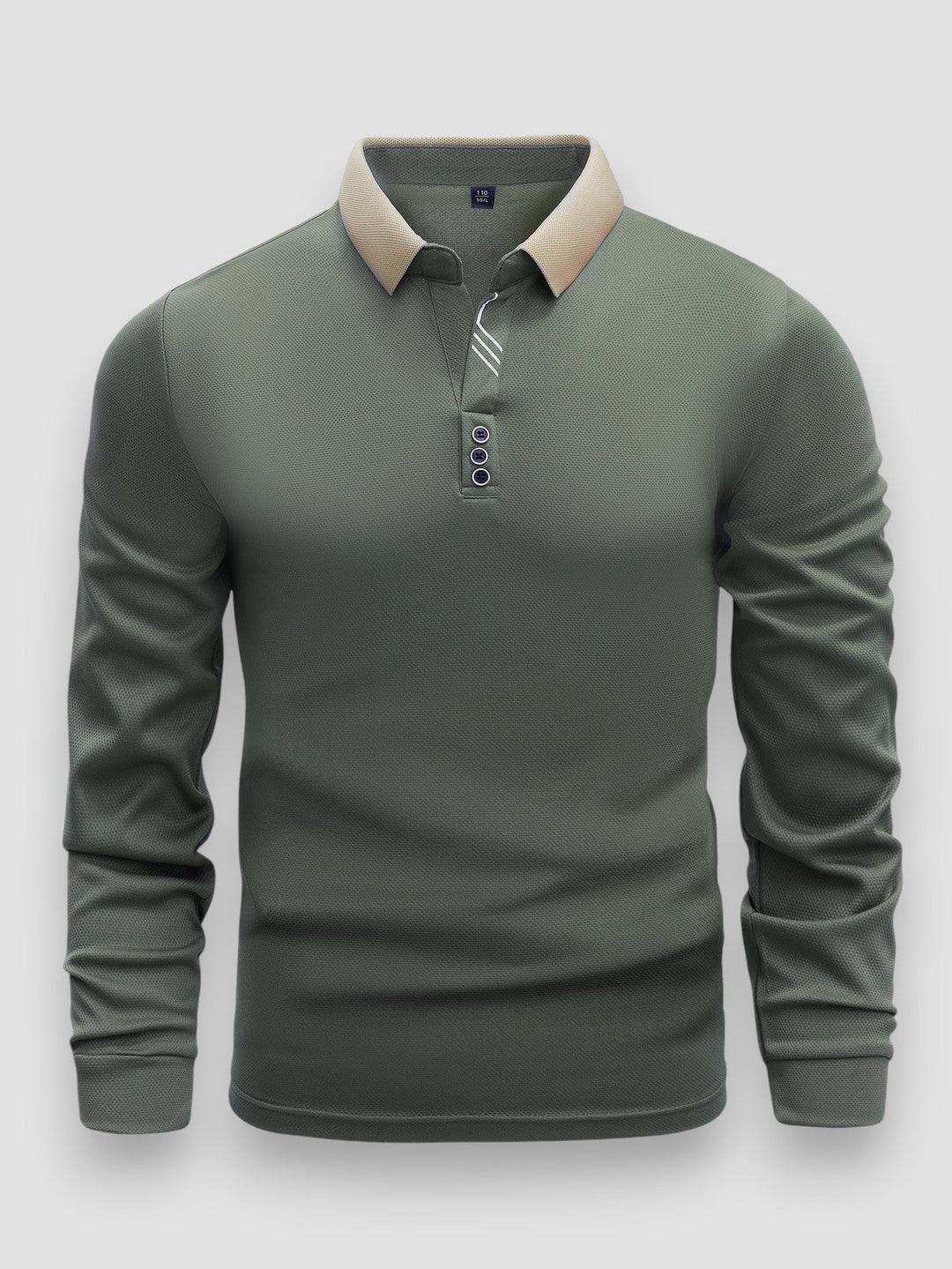 Men's long sleeve polo shirt with contrast collar and button placket