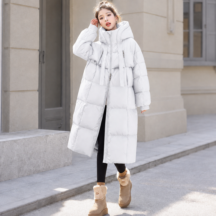 Women's long quilted hooded parka jacket with zip front