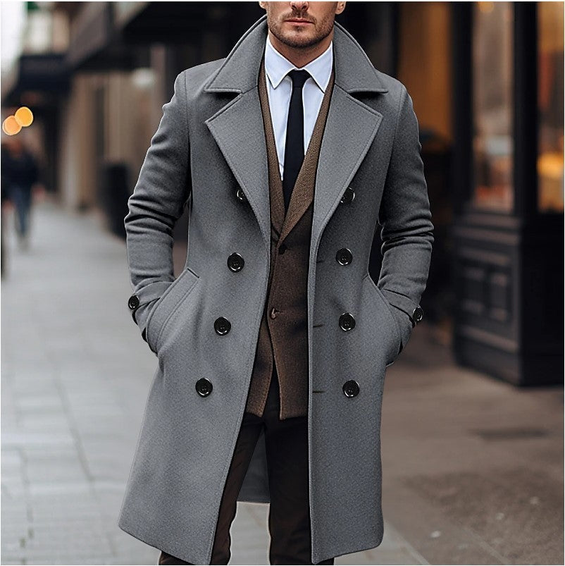 Men's long double-breasted trench coat with wide lapels and buttoned cuffs
