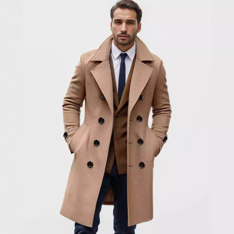 Men's long double-breasted trench coat with wide lapels and buttoned cuffs