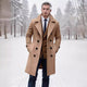 Men's long double-breasted trench coat with wide lapels and buttoned cuffs