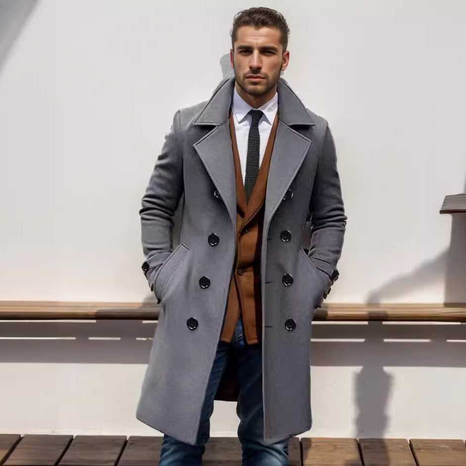 Men's long double-breasted trench coat with wide lapels and buttoned cuffs