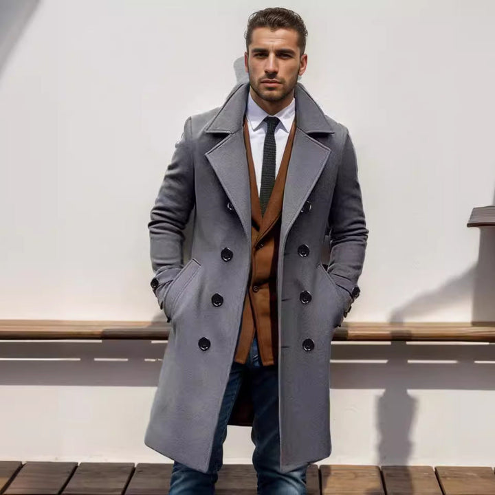 Men's long double-breasted trench coat with wide lapels and buttoned cuffs