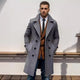 Men's long double-breasted trench coat with wide lapels and buttoned cuffs