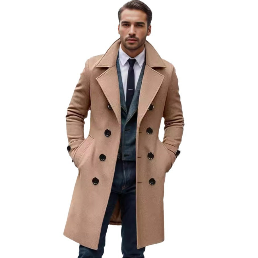 Men's long double-breasted trench coat with wide lapels and buttoned cuffs