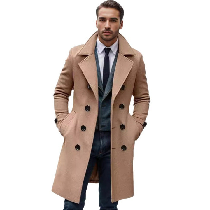 Men's long double-breasted trench coat with wide lapels and buttoned cuffs