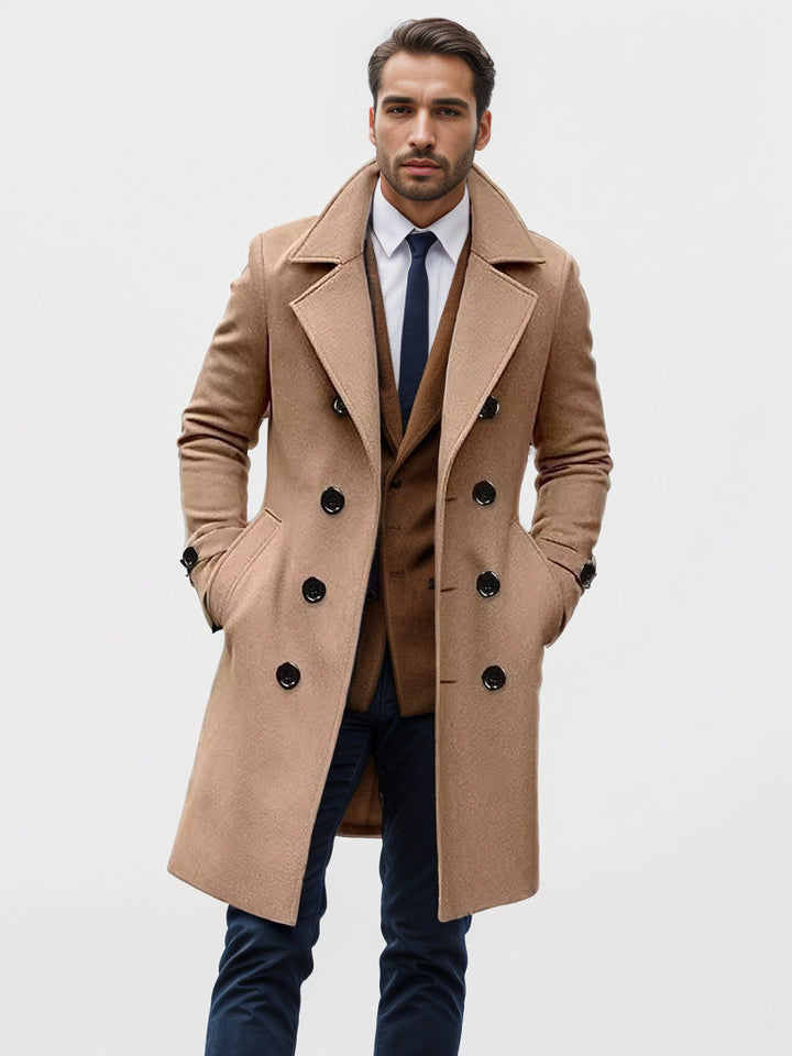Men's long double-breasted trench coat with wide lapels and buttoned cuffs