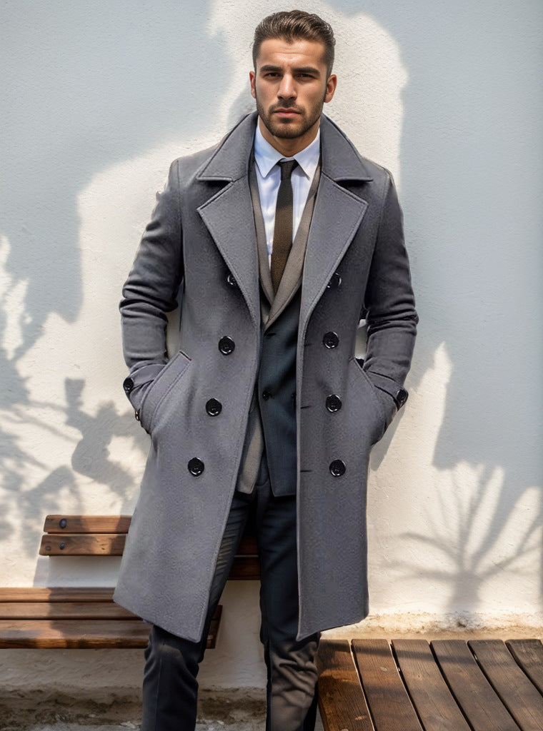 Men's long double-breasted trench coat with wide lapels and buttoned cuffs