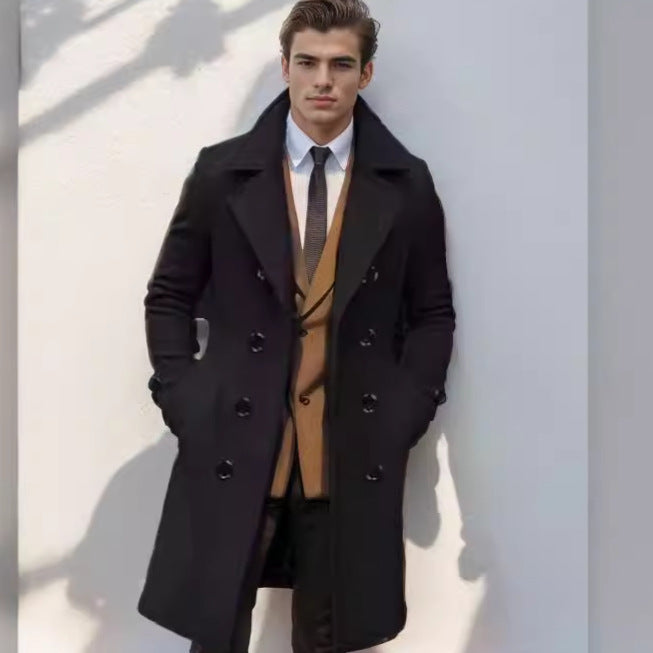 Men's long double-breasted trench coat with wide lapels and buttoned cuffs