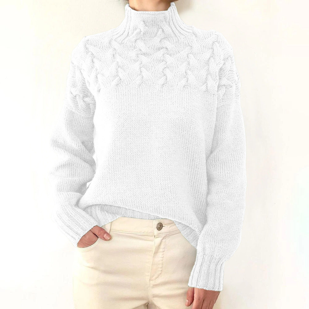 Women's cable knit turtleneck sweater with long sleeves and ribbed trims