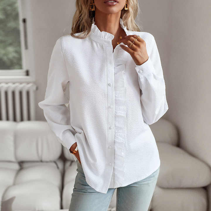 Women's ruffled button-front blouse with stand collar and long sleeves