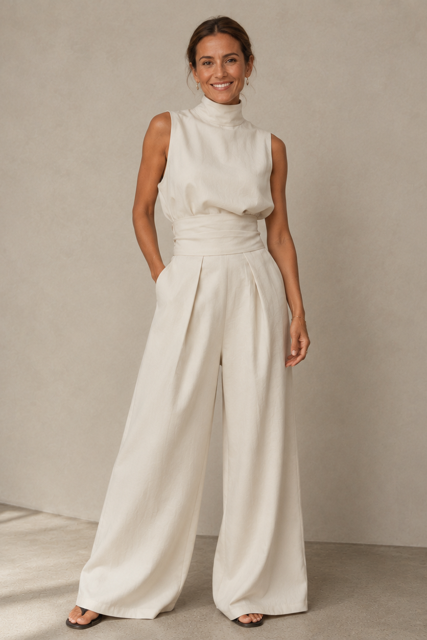 Women's wide-leg jumpsuit with sleeveless turtleneck and cinched waist