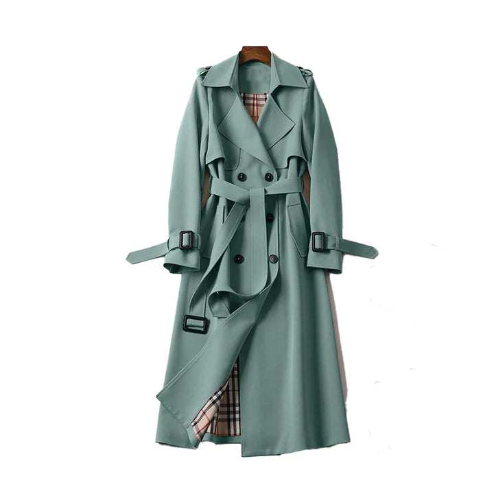 Women's long belted trench coat with notched lapels and cuff straps
