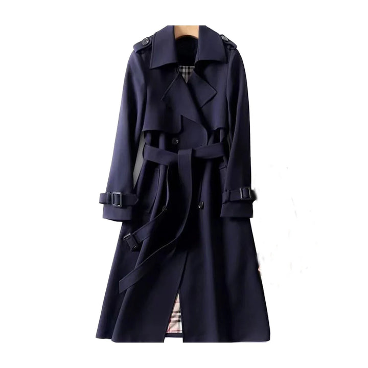 Women's long belted trench coat with notched lapels and cuff straps