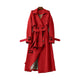 Women's long belted trench coat with notched lapels and cuff straps