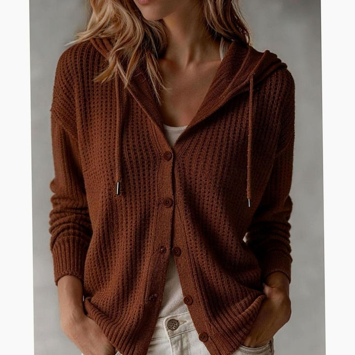 Women's hooded waffle knit cardigan with button front, drawstring hood and pockets
