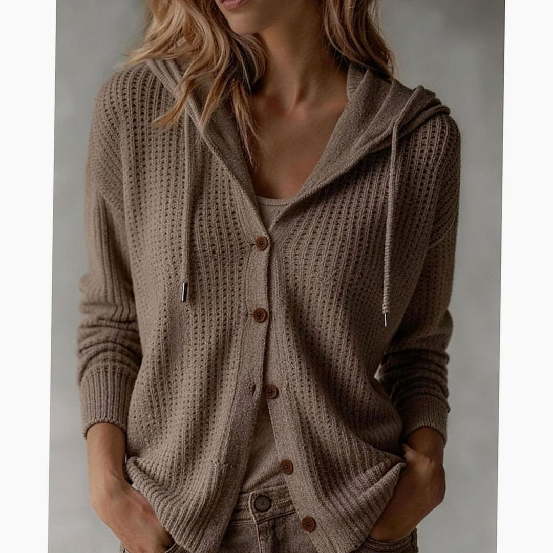 Women's hooded waffle knit cardigan with button front, drawstring hood and pockets
