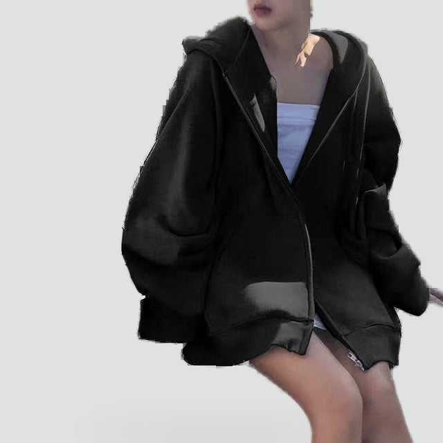 Women's relaxed zip-front hooded hoodie with long sleeves and large front pockets