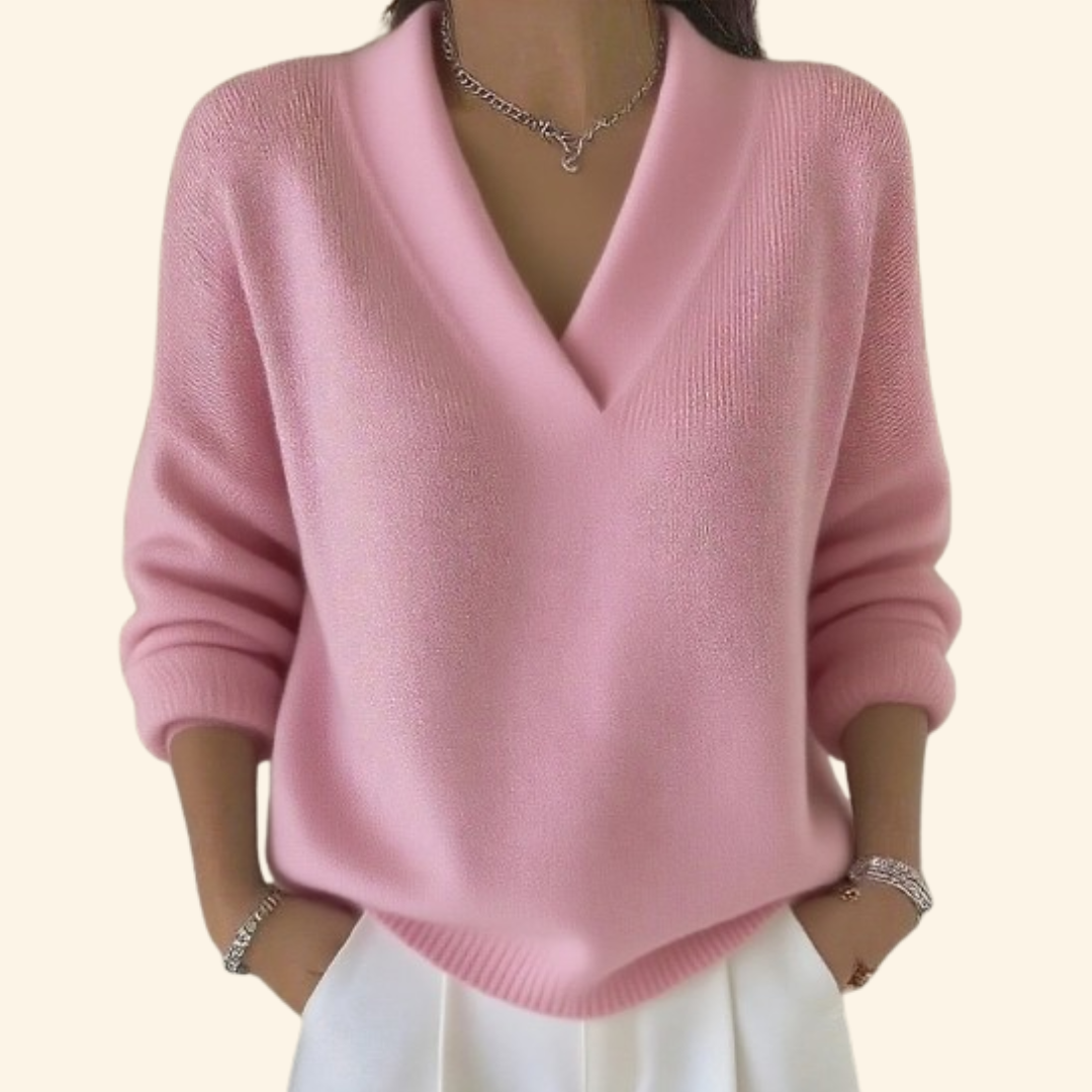 Women's V-neck sweater with long sleeves and ribbed hem