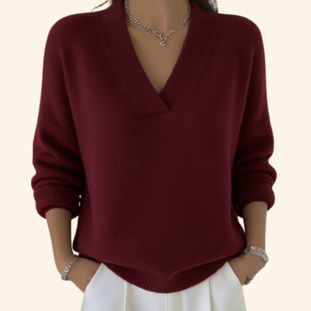Women's V-neck sweater with long sleeves and ribbed hem