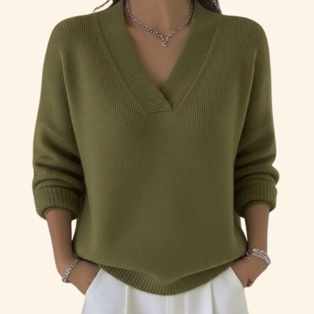 Women's V-neck sweater with long sleeves and ribbed hem