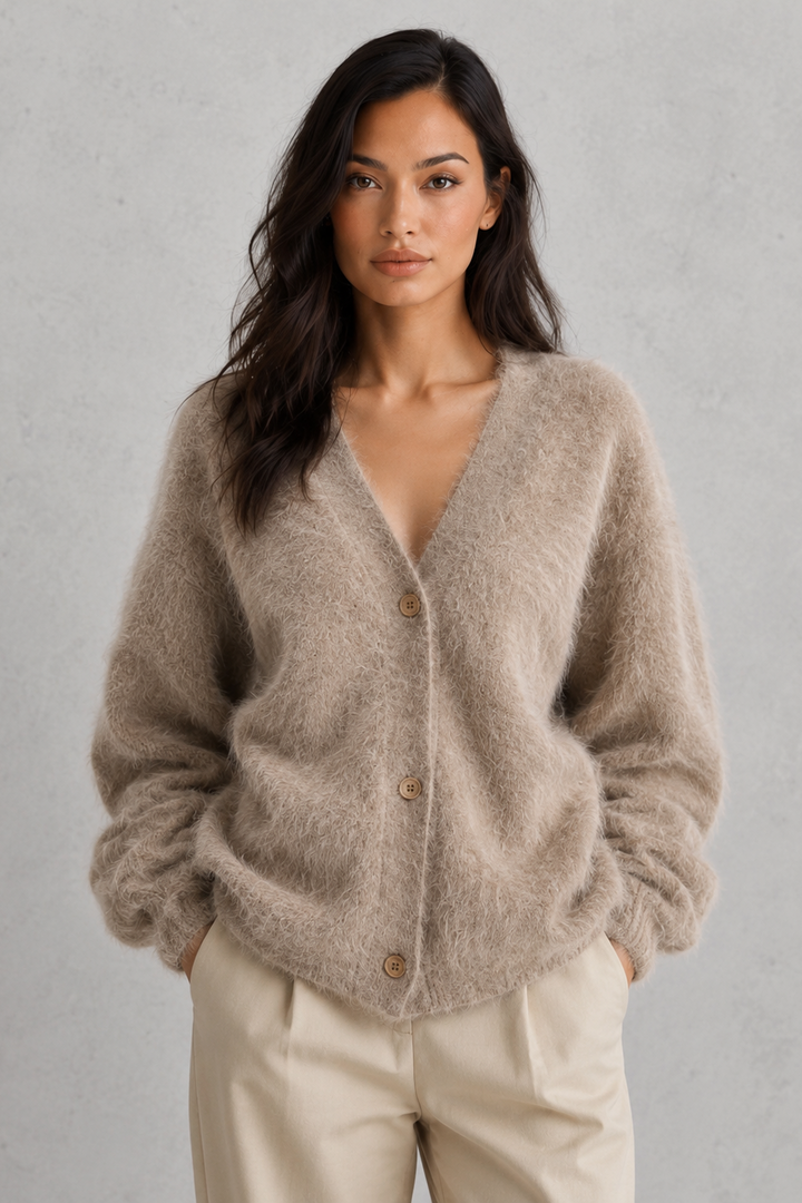 Women's textured knit V-neck cardigan with buttons and long sleeves
